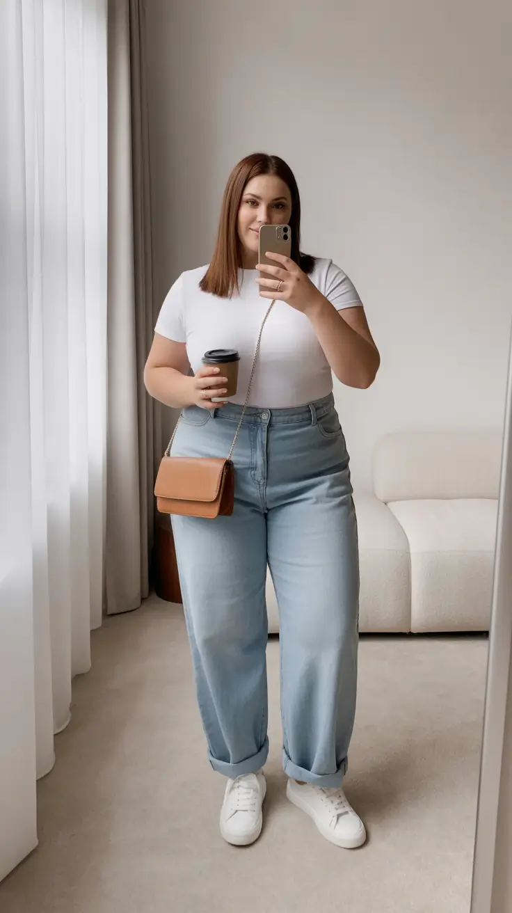 best plus size spring outfits 2026 White Tee and Relaxed Denim Everyday Ease