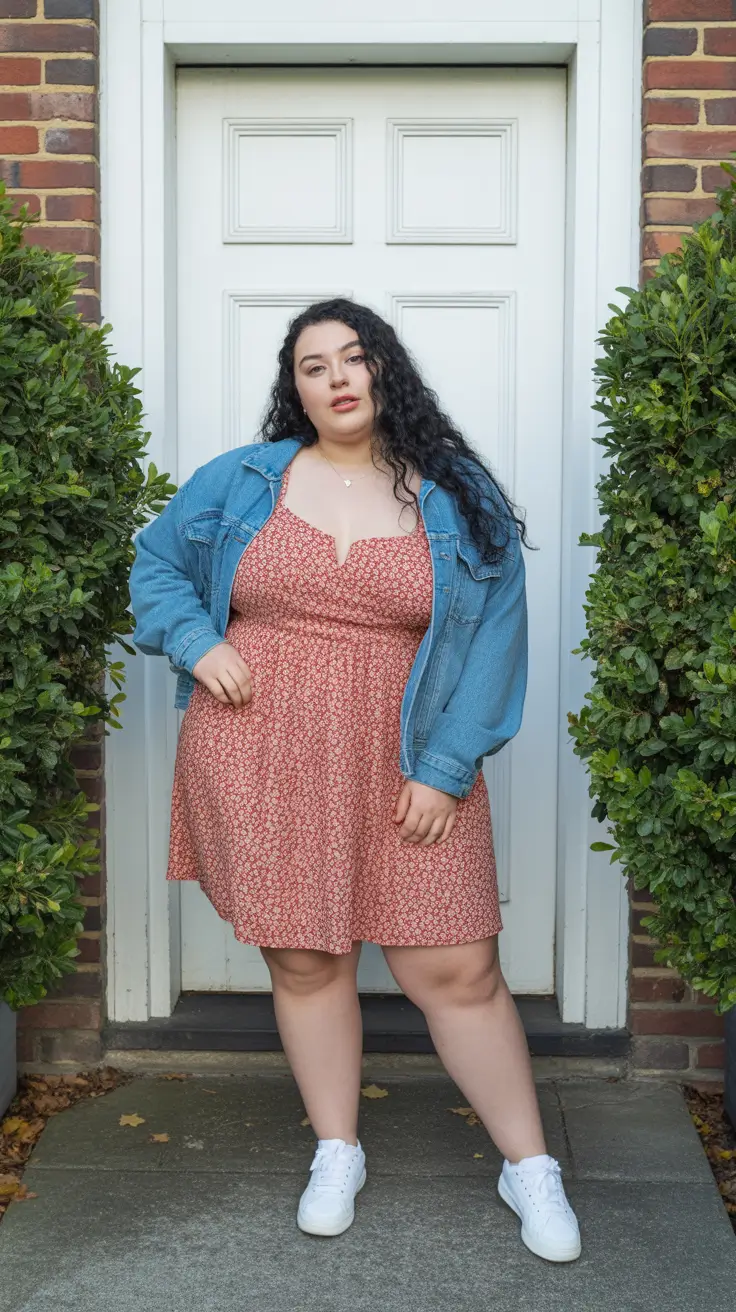 best plus size spring outfits 2026 Floral Sundress and Denim Layer Spring Sweetness