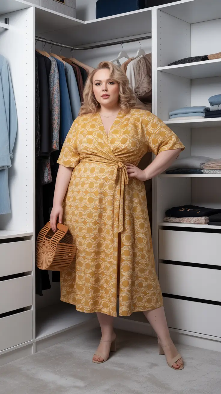 best plus size spring outfits 2026 Mustard Wrap Dress With Warm Retro Glow