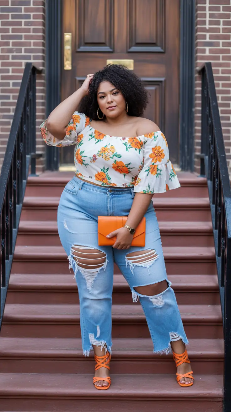 best plus size spring outfits 2026 Bold Floral Top and Distressed Denim Attitude