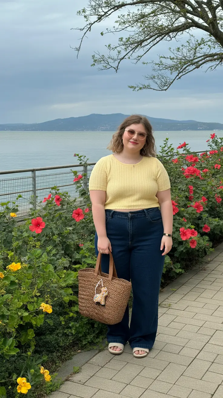 best plus size spring outfits 2026 Soft Yellow Knit and Classic Dark Denim Calm