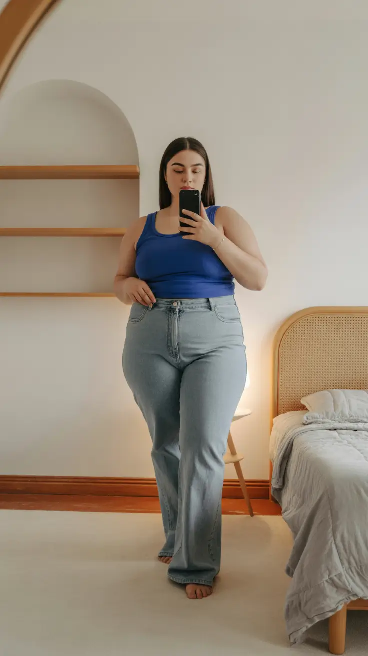 best plus size spring outfits 2026 Blue Tank and Soft-Flare Denim Ease