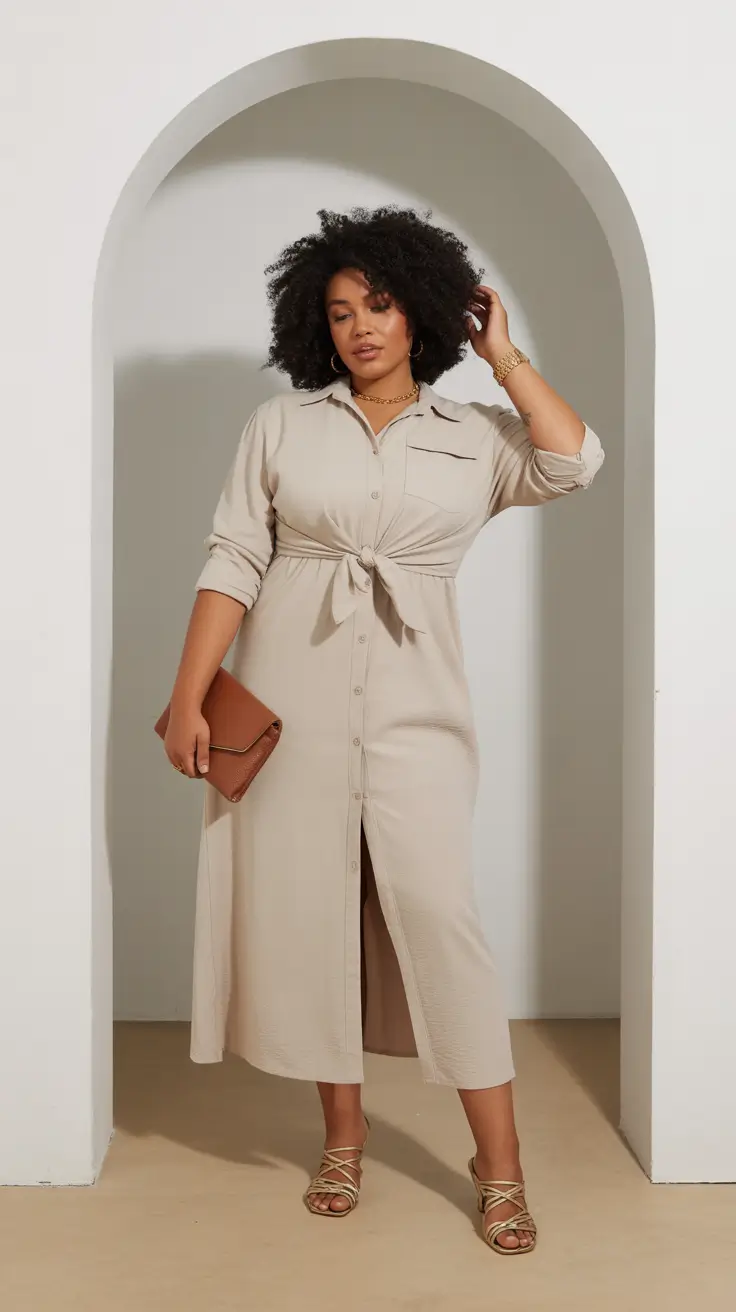 best plus size spring outfits 2026 Neutral Shirt Dress With Soft Structure