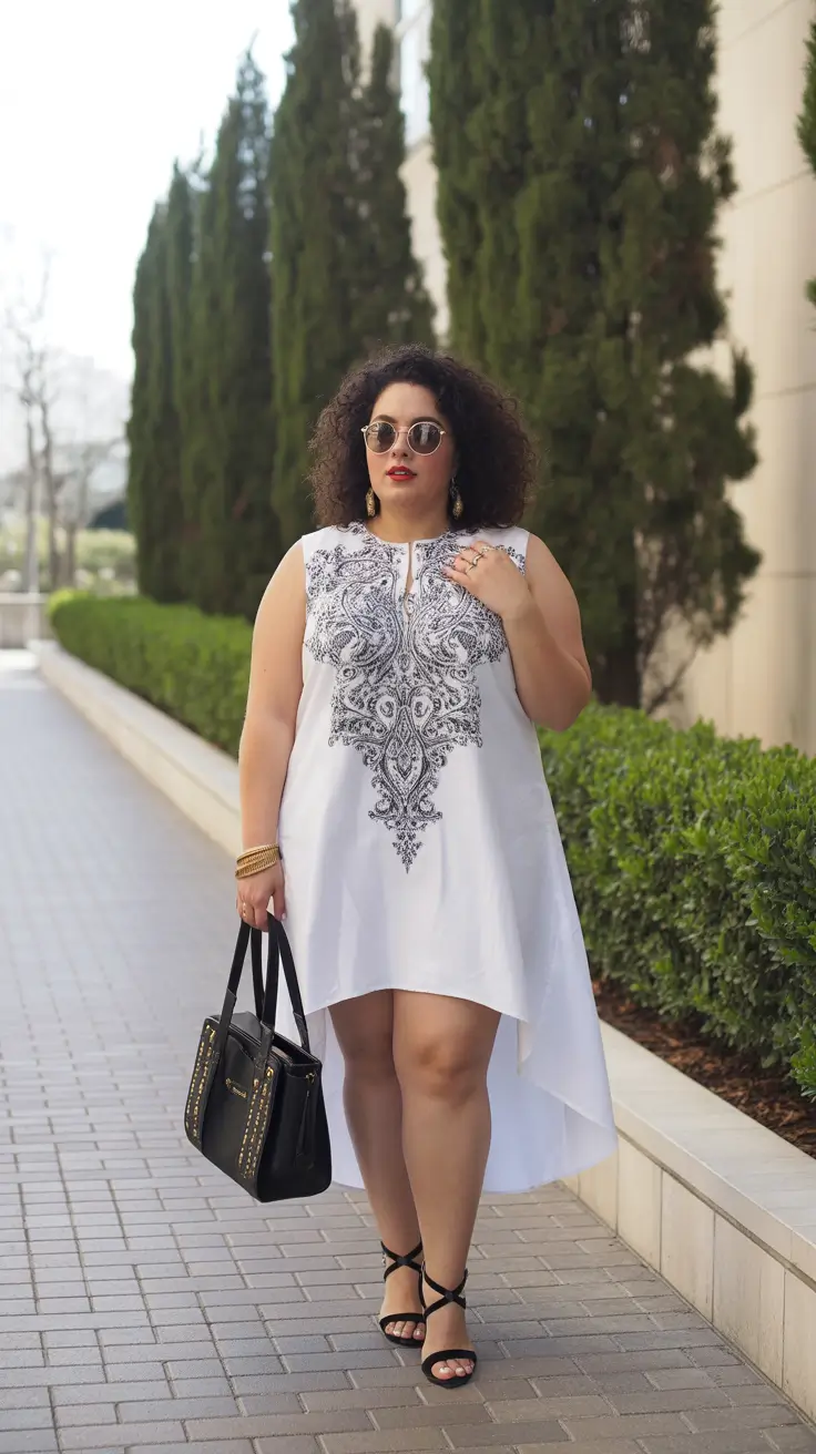 best plus size spring outfits 2026 White High-Low Dress With Ornate Detailing