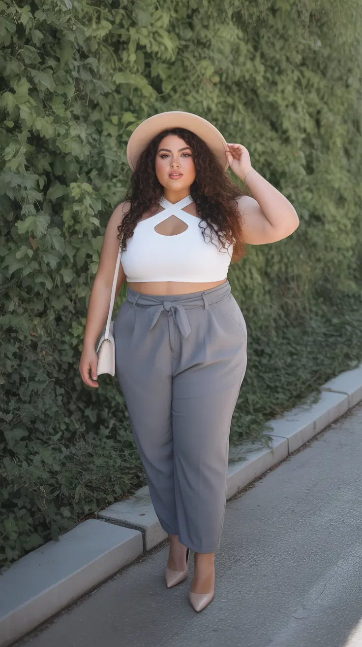 best plus size spring outfits 2026 Cutout Top And Tailored Trousers Freshness