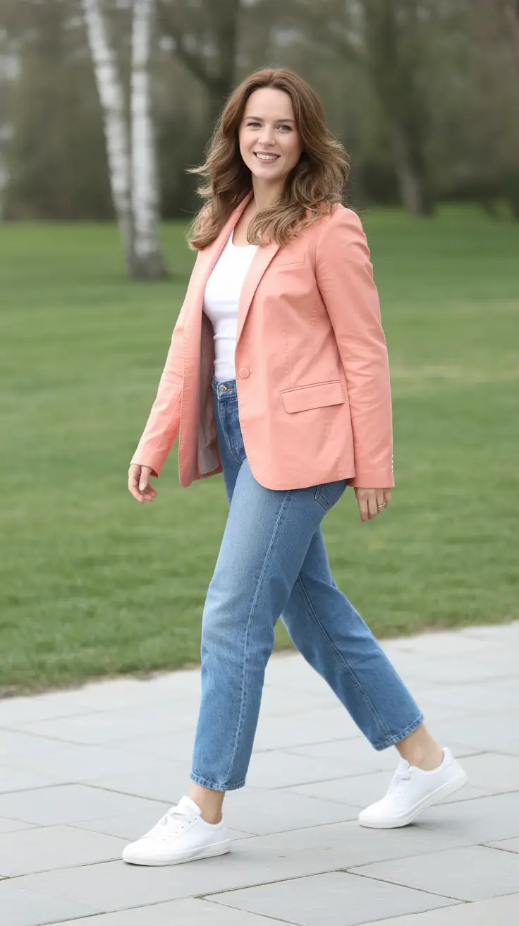 spring business casual outfits 2026 Peach Blazer with Relaxed Spring Denim