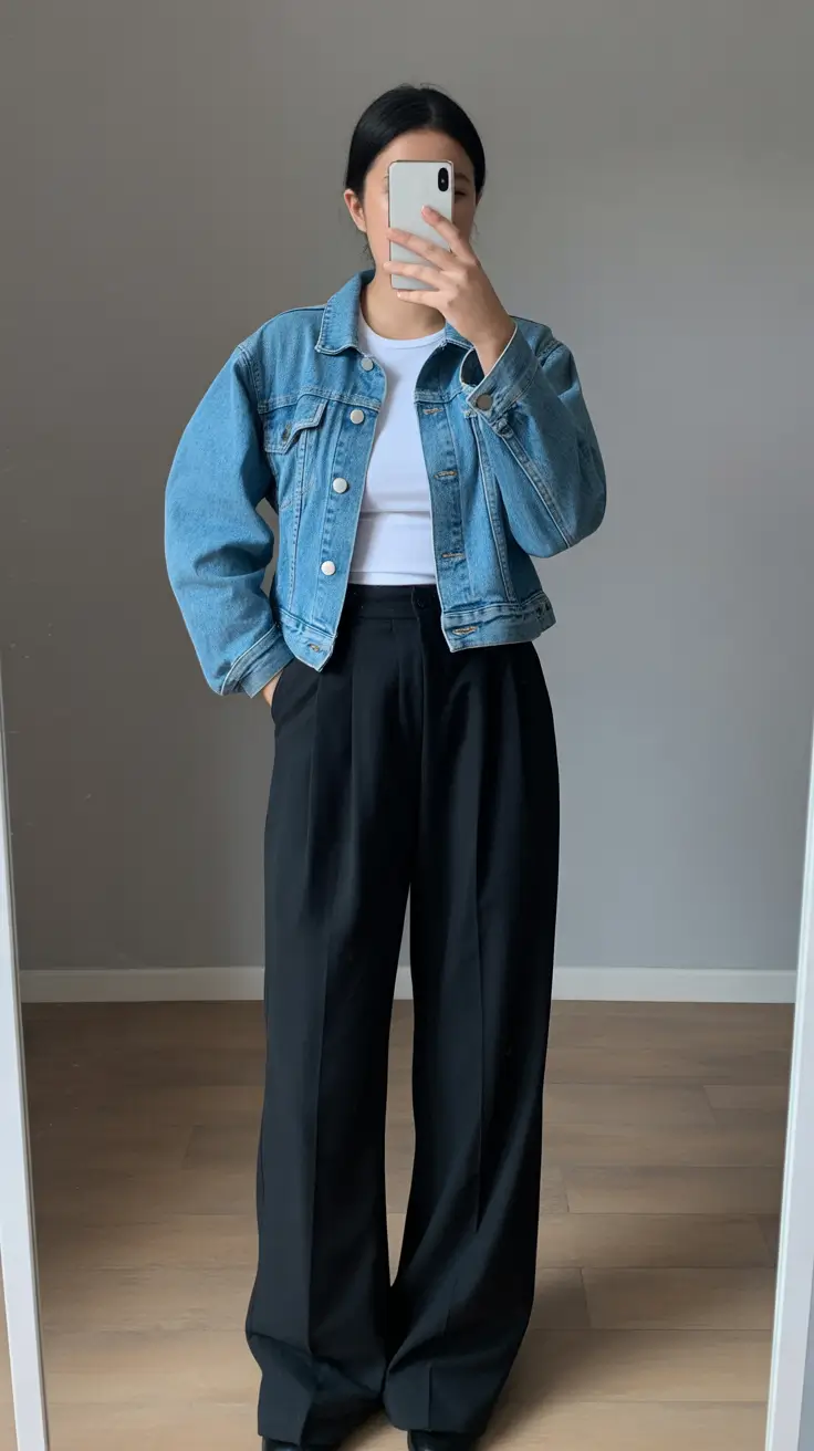 spring business casual outfits 2026 Denim Jacket Over Wide-Leg Black Pants