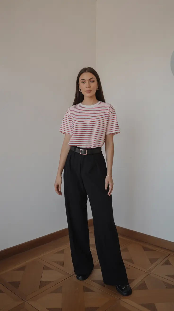 spring business casual outfits 2026 Striped Tee and Black Tailored Trousers