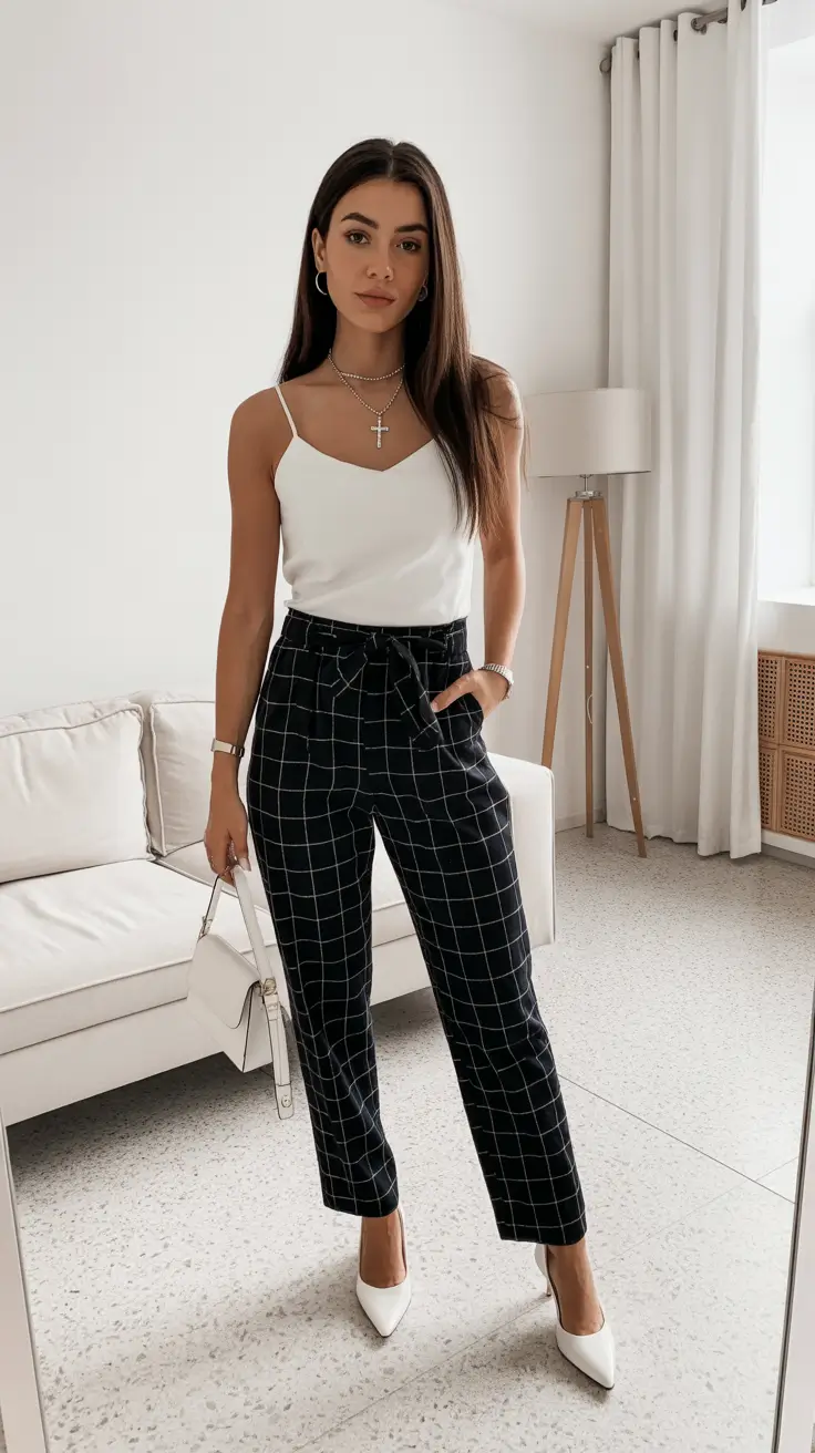 spring business casual outfits 2026 White Camisole with Windowpane Pants