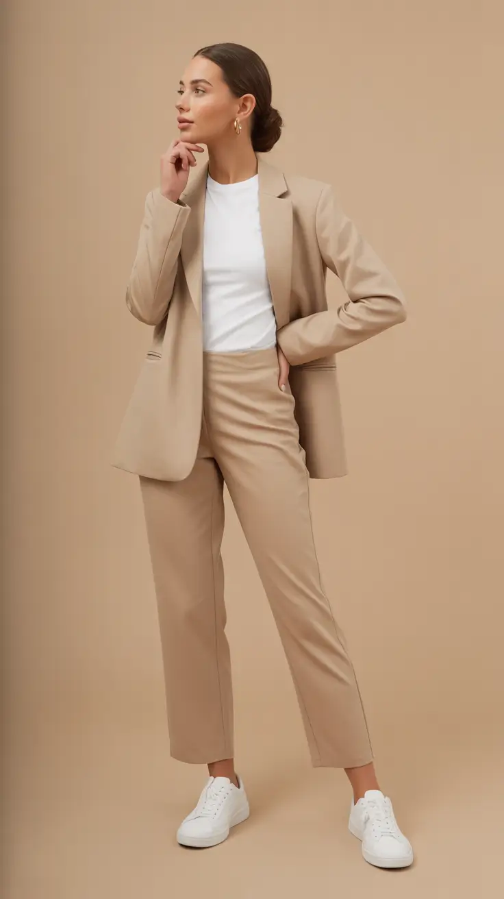 spring business casual outfits 2026 Monochrome Camel Suiting with Clean White Sneakers