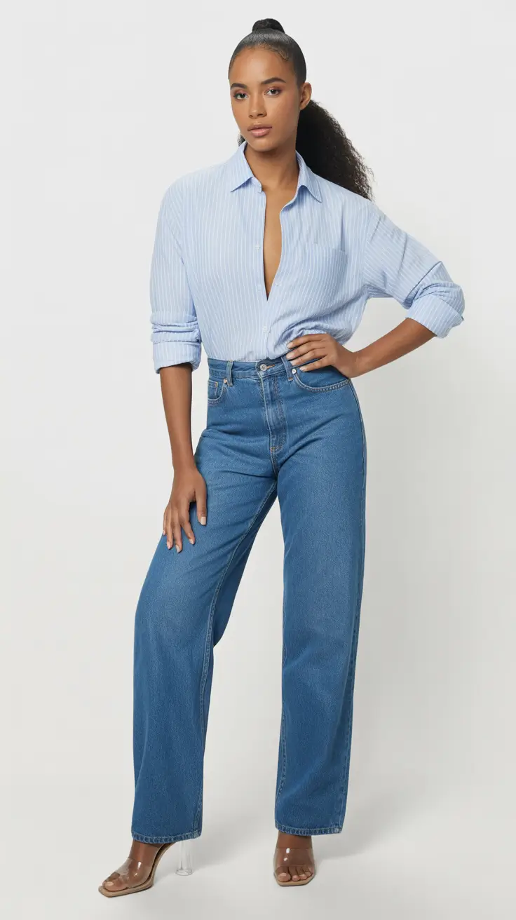 spring business casual outfits 2026 Striped Button-Down with High-Waisted Wide-Leg Jeans