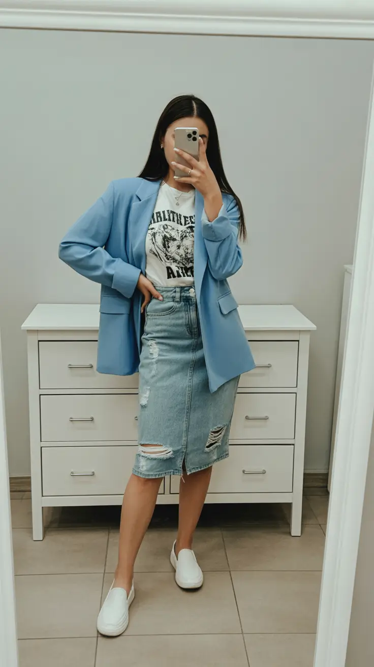 spring business casual outfits 2026 Powder Blue Blazer with a Denim Midi Skirt