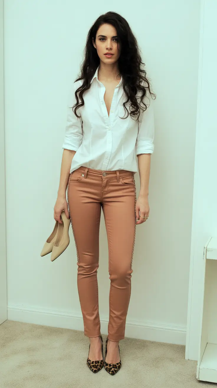 spring business casual outfits 2026 Crisp White Button-Down with Sleek Camel Pants