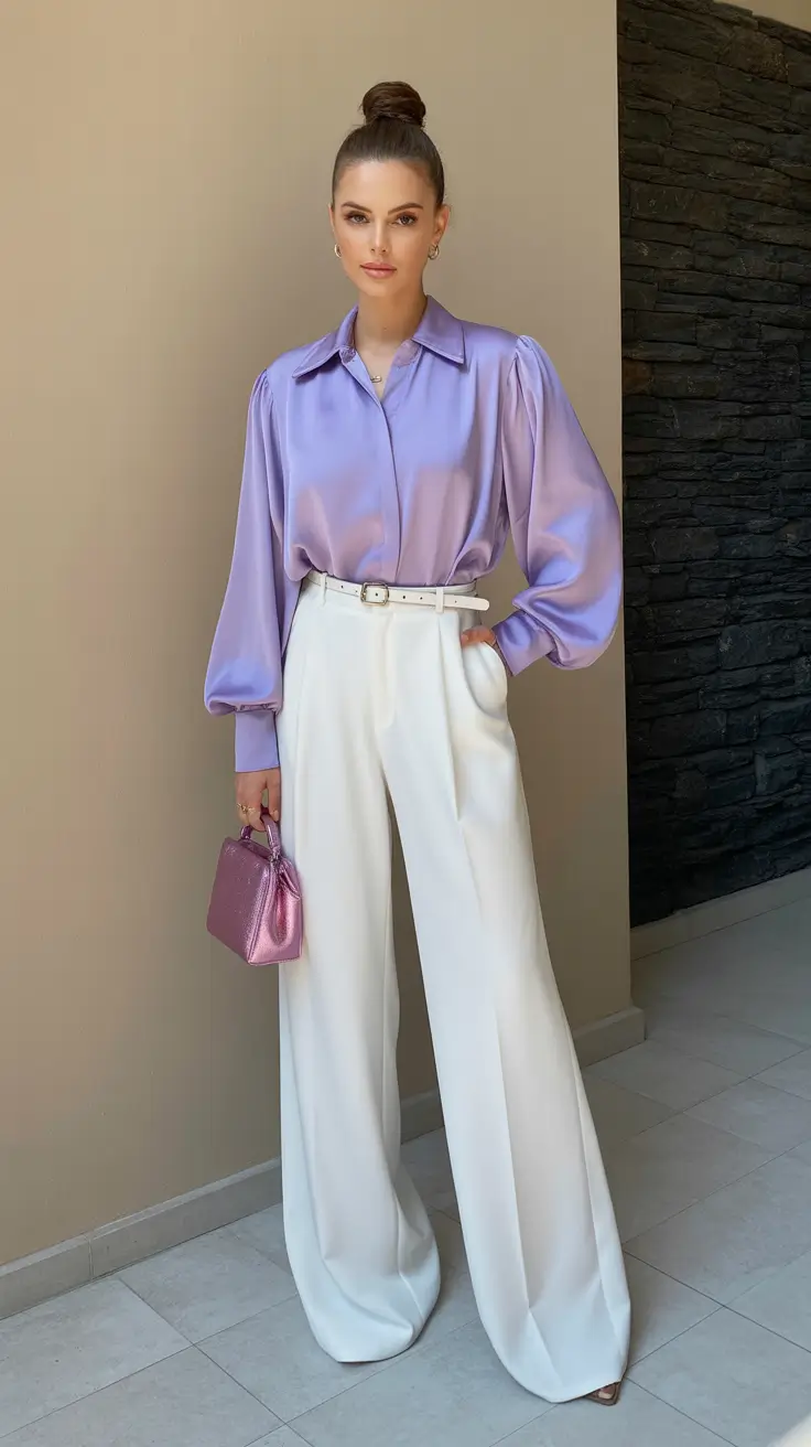 spring business casual outfits 2026 Lilac Satin Elegance with Wide-Leg Whites