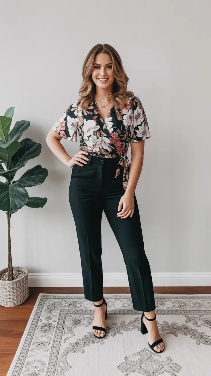 spring business casual outfits 2026 Floral Wrap Top with Classic Black Trousers