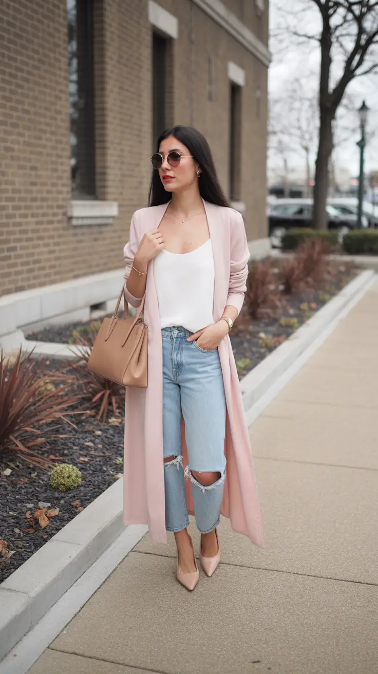 spring business casual outfits 2026 Soft Pink Duster with Light Blue Women Jeans