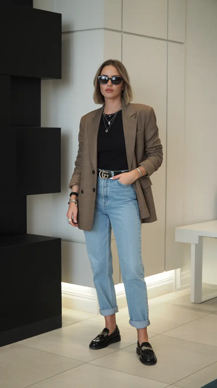 spring business casual outfits 2026 Blazer and Black Tee with Classic Blue Jeans