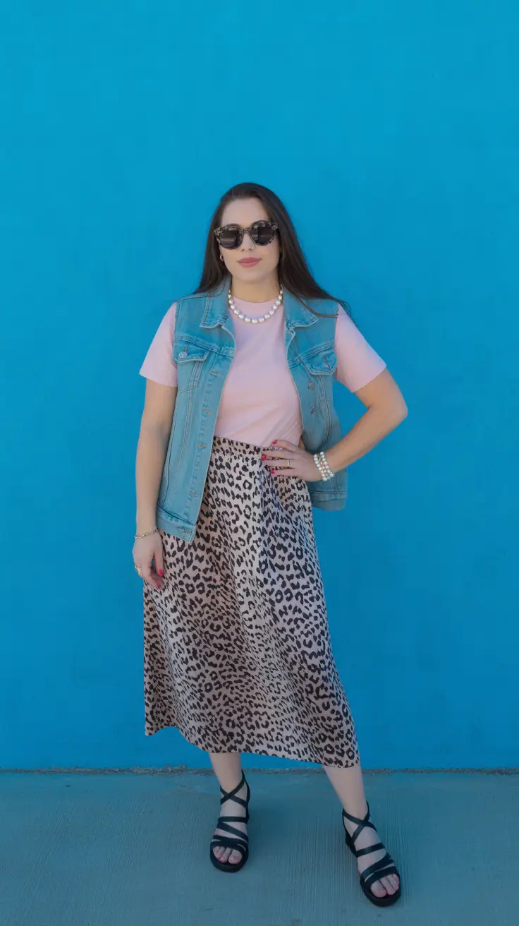 april outfits ideas 2026 Leopard Midi Skirt with Casual Denim Layers