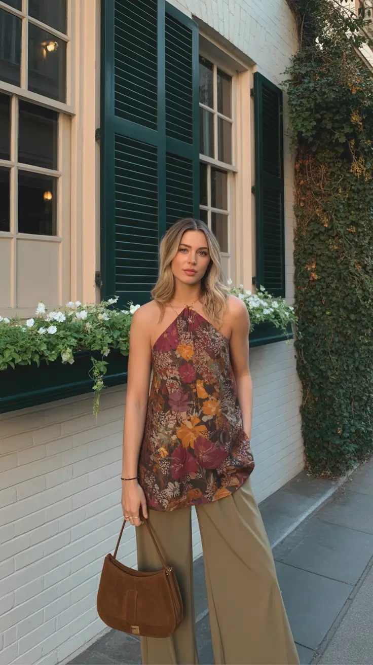 april outfits ideas 2026 Relaxed Floral Halter Top Look for Warm April Afternoons