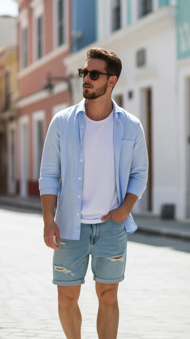 casual summer outfits men 2026 Euro Summer Denim Shorts with Light Shirt Layering