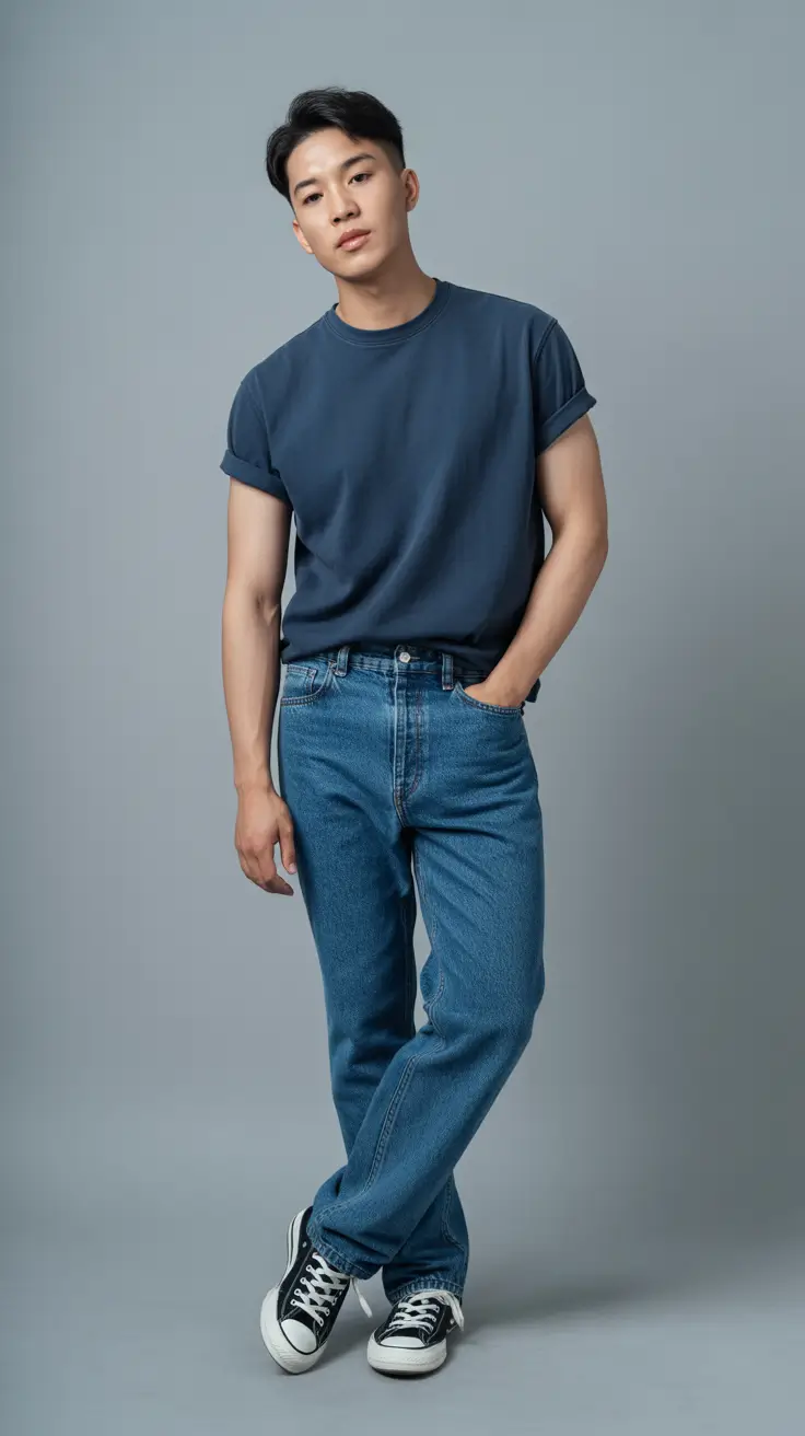 casual summer outfits men 2026 Timeless Blue Tee and Denim Confidence