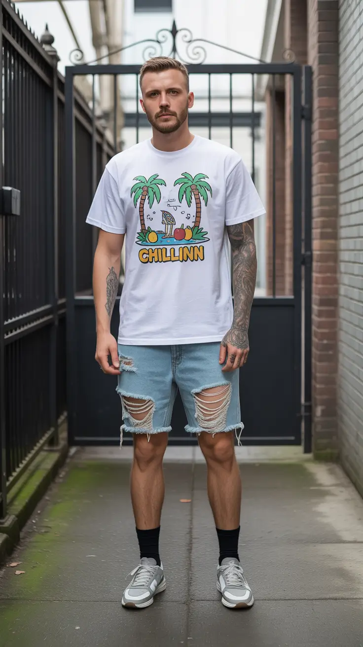 casual summer outfits men 2026 Graphic Street Energy with Distressed Denim Shorts