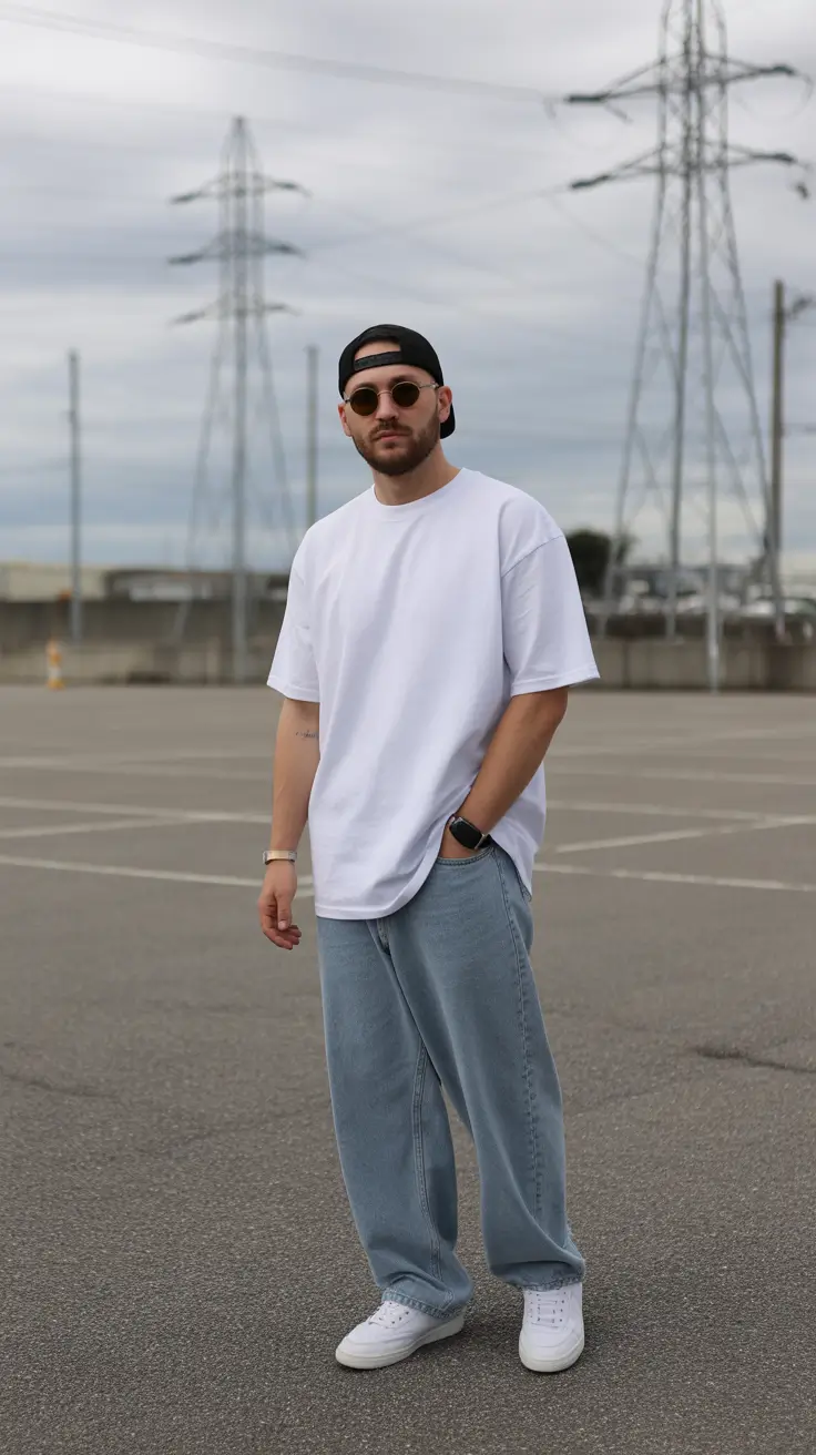 casual summer outfits men 2026 Oversized White Tee and Relaxed Denim Street Mood