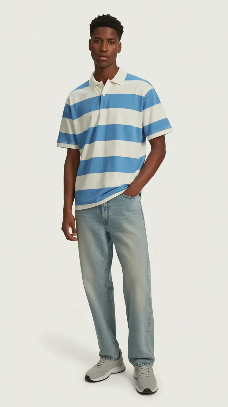 casual summer outfits men 2026 Sporty Striped Polo with Relaxed Denim Ease