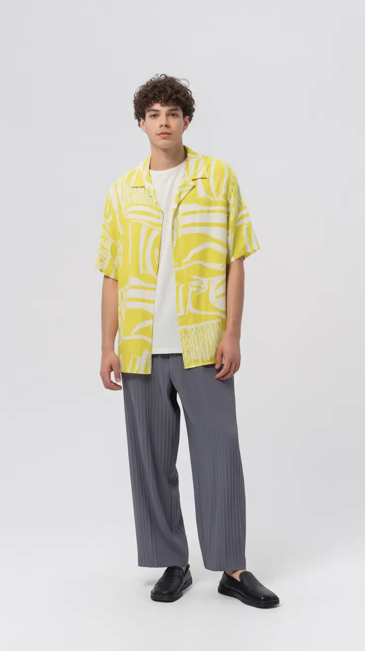 casual summer outfits men 2026 Bold Tropical Shirt with Tailored Summer Flow