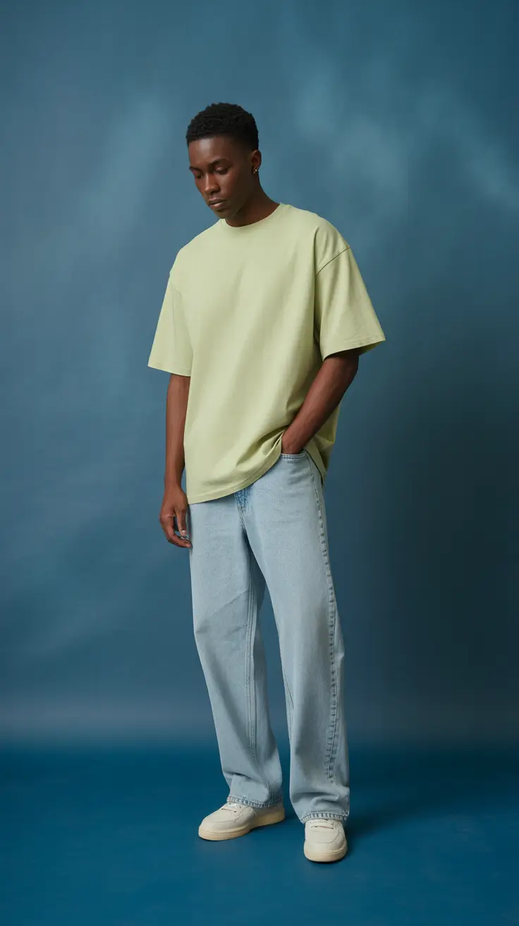 casual summer outfits men 2026 Muted Sage Tee with Contemporary Denim Volume