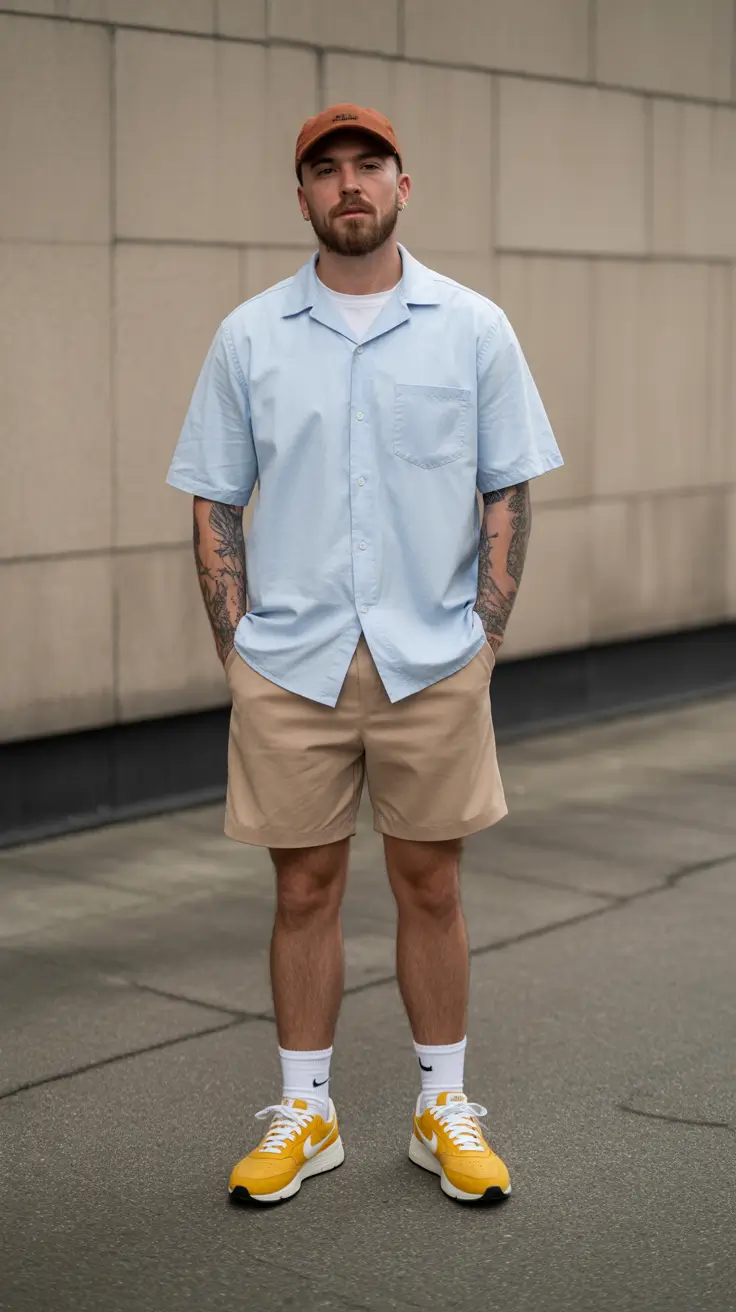 casual summer outfits men 2026 Soft Blue Shirt and Tailored Shorts Urban Weekend Look
