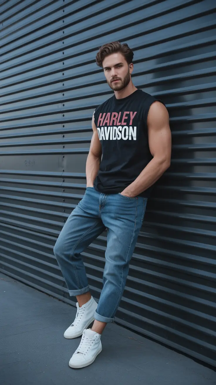 casual summer outfits men 2026 Edgy Sleeveless Graphic Tee with Rolled Denim Attitude