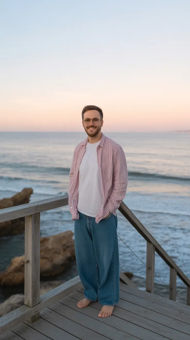 casual summer outfits men 2026 Relaxed Coastal Denim Mood for Golden Hour Walks