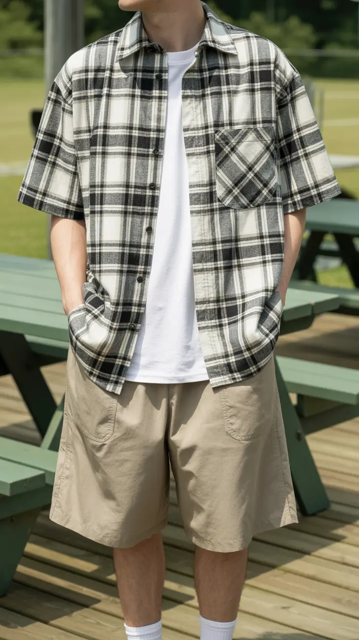 casual summer outfits men 2026 Graphic Plaid Layers with Relaxed Utility Shorts