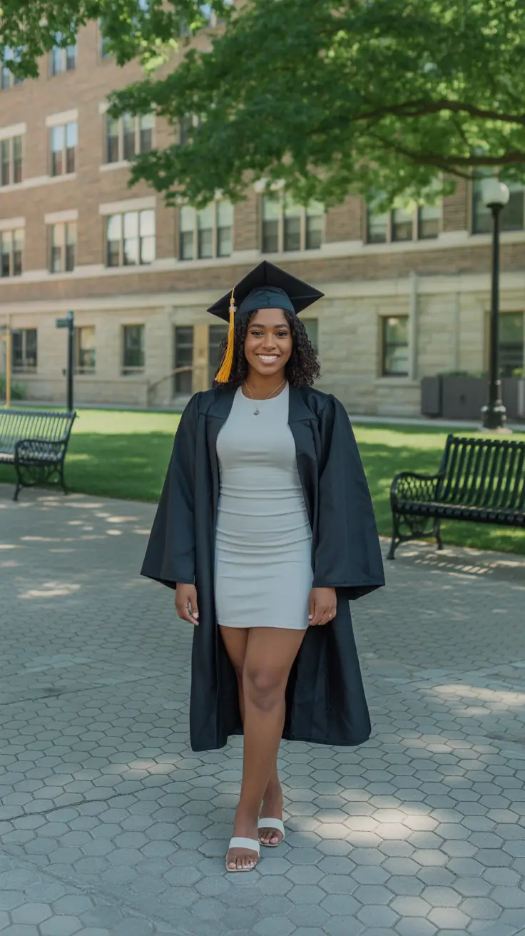 graduation look ideas 2026 Minimal Neutral Graduation Dress Under Classic Academic Robe