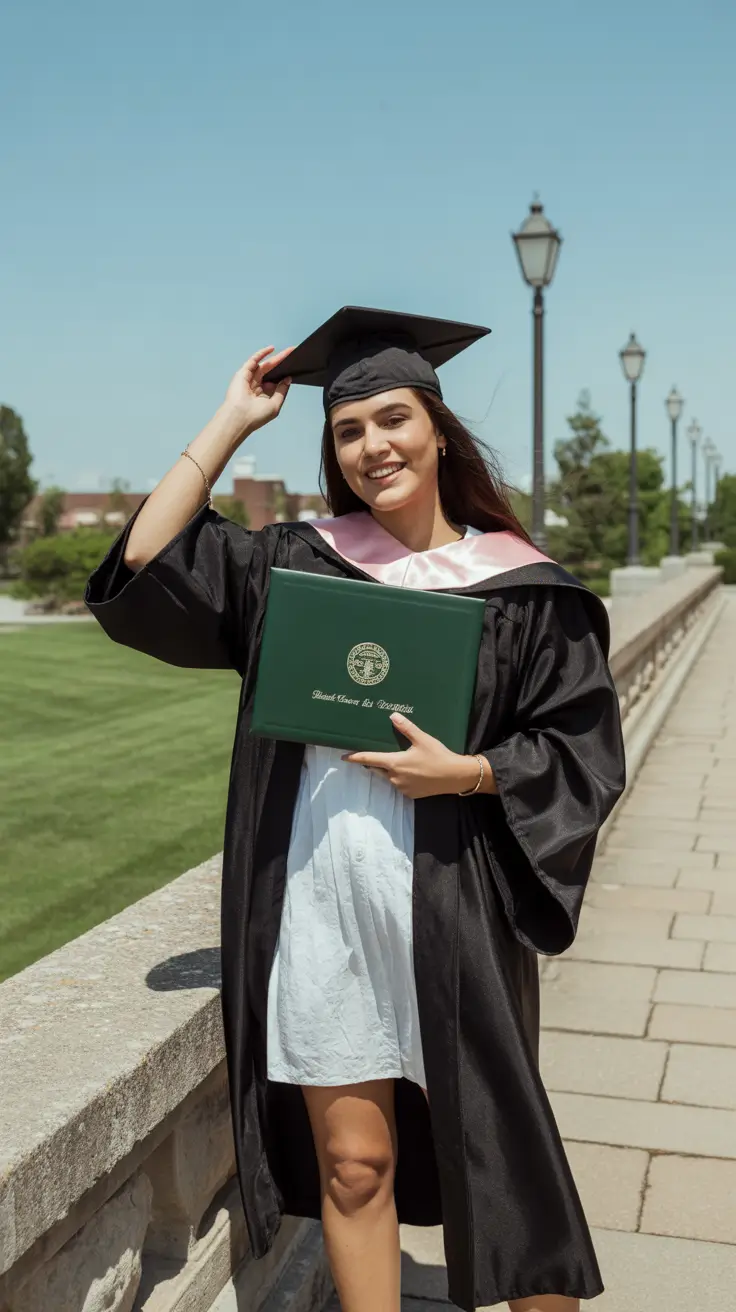 graduation look ideas 2026 Relaxed Graduation Style with White Dress and Diploma Moment