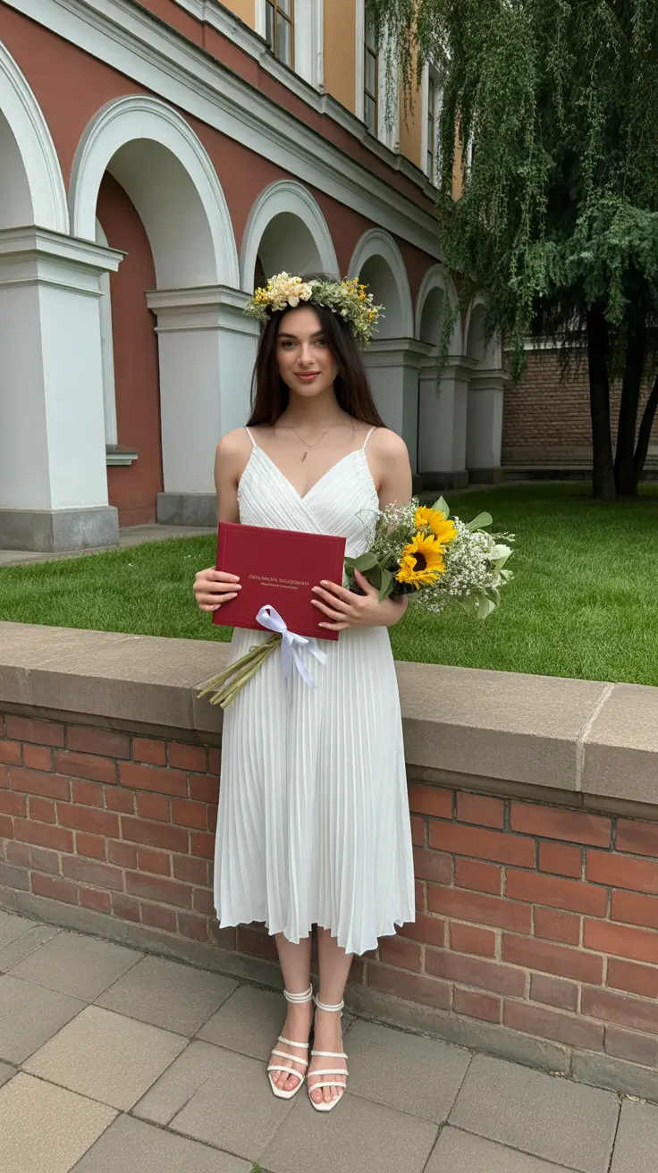 graduation look ideas 2026 Romantic Graduation Dress with Floral Crown Celebration Style