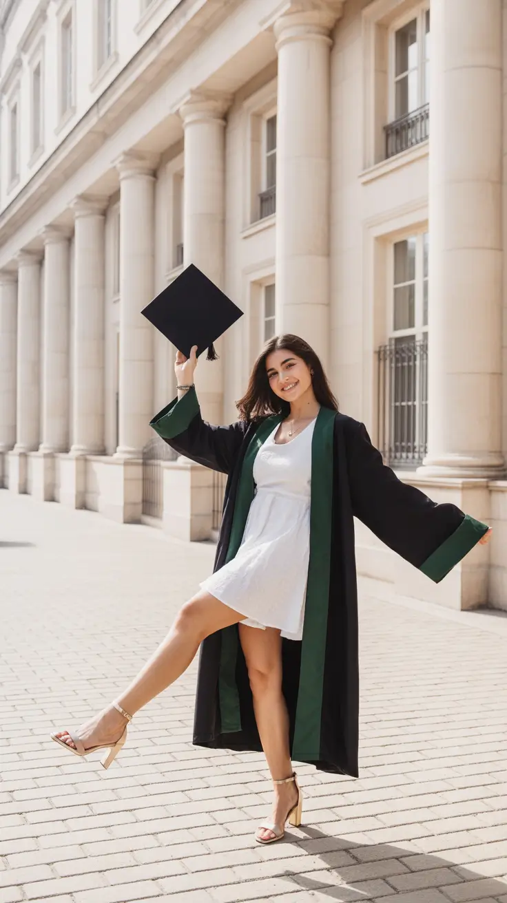 graduation look ideas 2026 Playful White Dress with Graduation Robe Celebration Pose