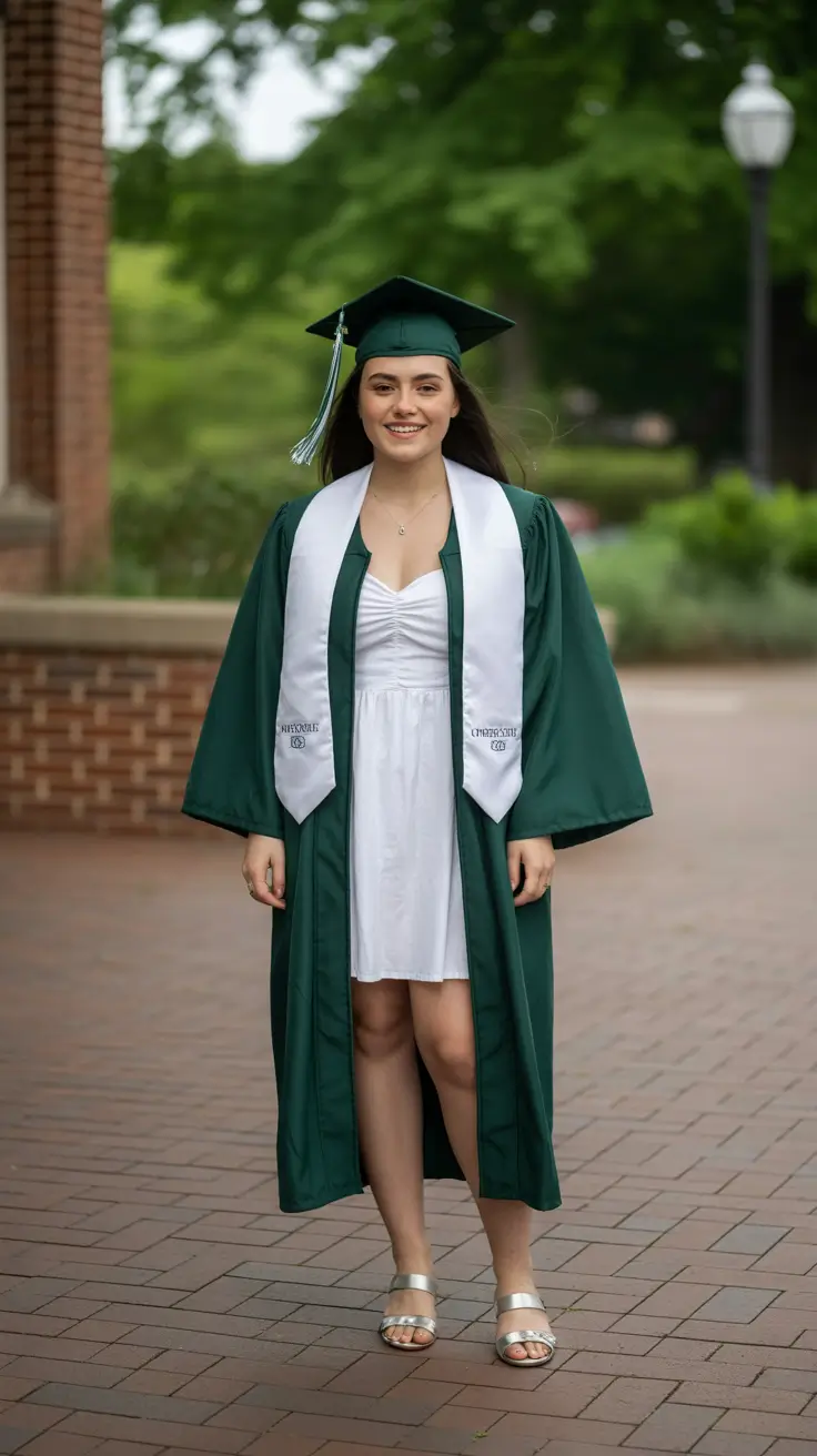 graduation look ideas 2026 Green Graduation Robe with Minimal White Dress