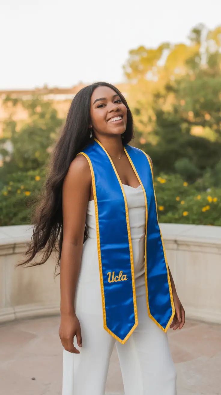 graduation look ideas 2026 Classic White Graduation Dress with Statement Honor Stole