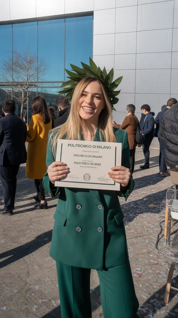 graduation look ideas 2026 Elegant Green Suit with Laurel Crown Graduation Style