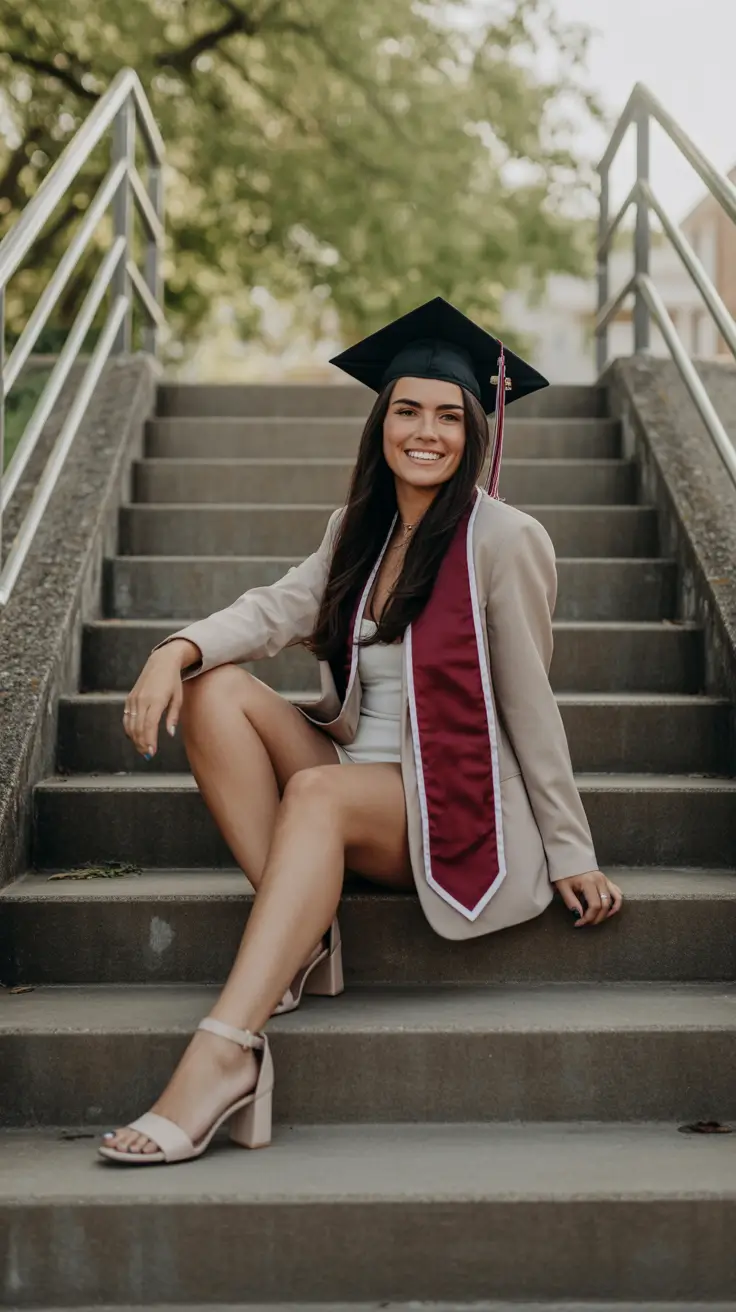 graduation look ideas 2026 Neutral Blazer and Mini Dress for a Chic Graduation Style