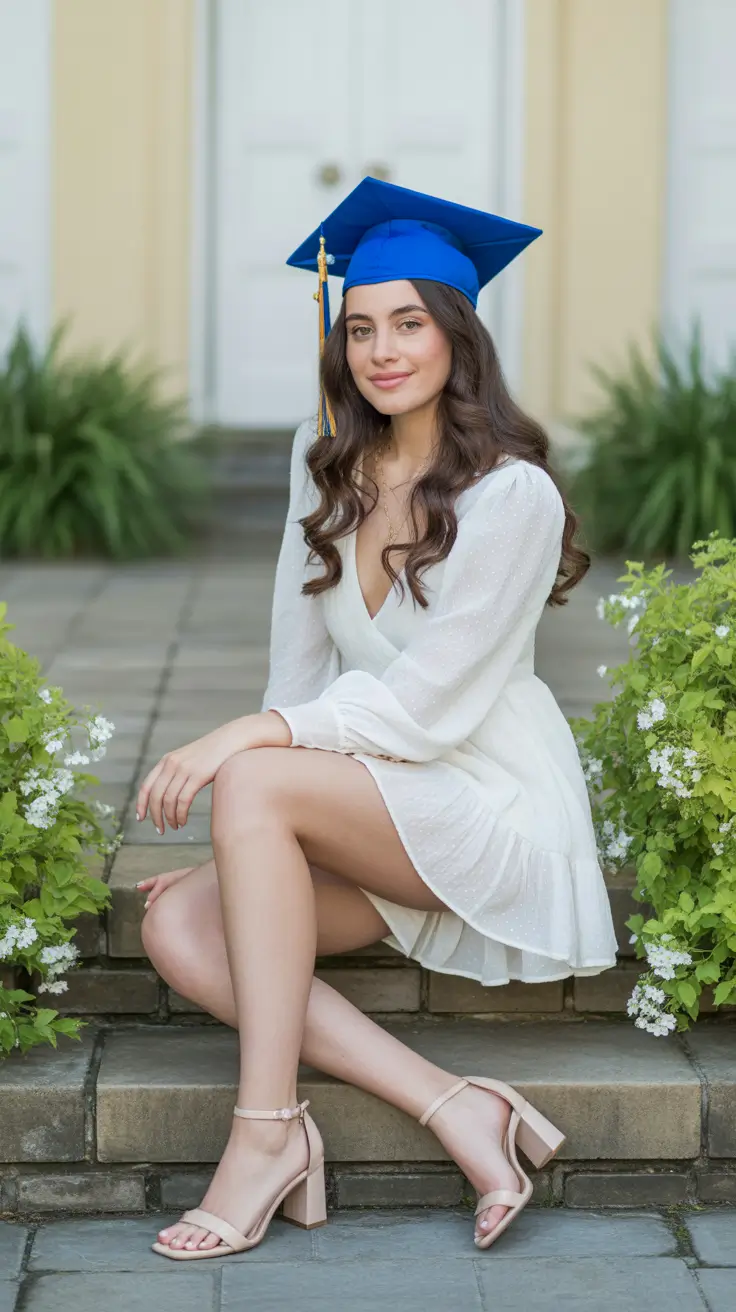 graduation look ideas 2026 Light Romantic White Dress with a Classic Blue Cap