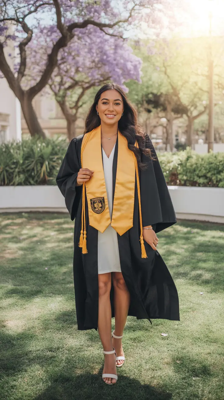 graduation look ideas 2026 Elegant Graduation Gown with Gold Stole and White Dress