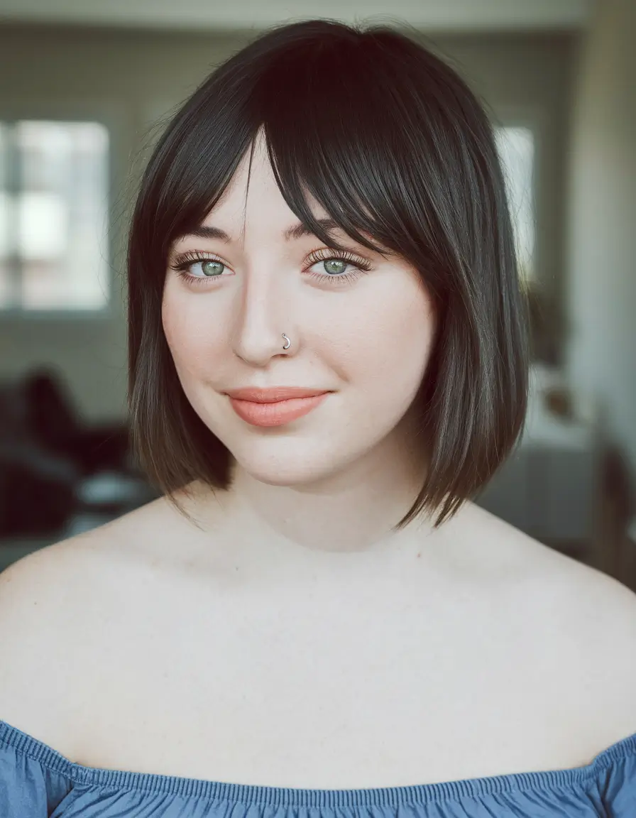 summer haircut for chubby face Classic Soft Bob with Curtain Bangs