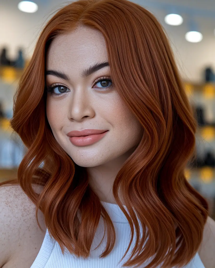 summer hair chubby face Retro-Modern Auburn Waves with Middle Part