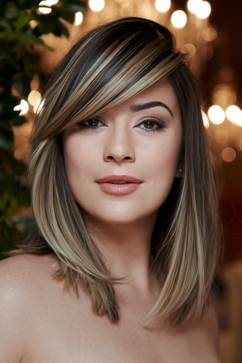 summer hair color for round face Layered Caramel Highlights with Side-Swept Bangs
