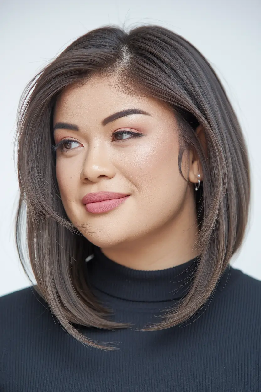 summer haircut 2025 medium round face Feathered Lob with Dimensional Ash