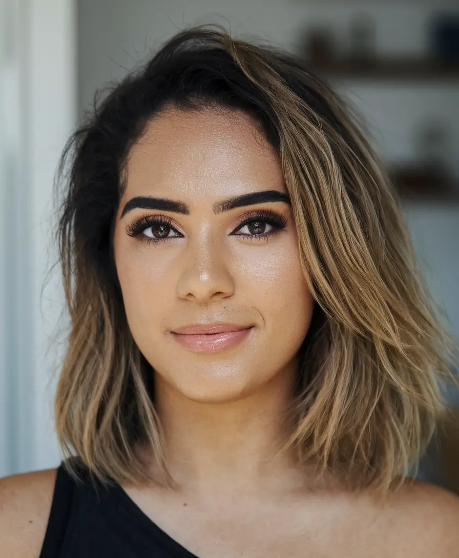 summer hair color for round face Sun-Kissed Layers with Subtle Warm Balayage