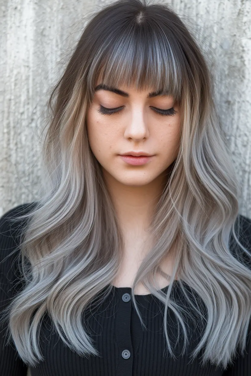 long haircut summer Smoky Silver Ombre with Curtain Bangs